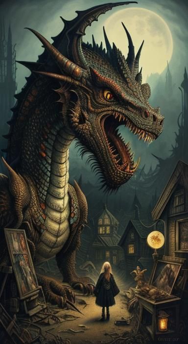 Dragon in Post-Apocalyptic Wonderland, Surrealist Painting