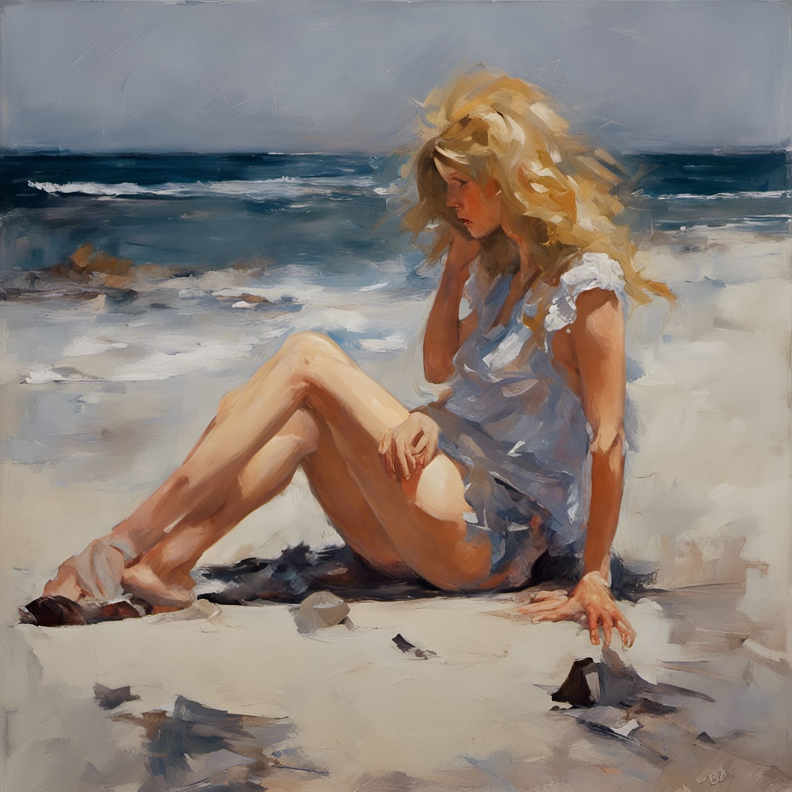 Girl by Sea: Oil Painting in Gurney Style