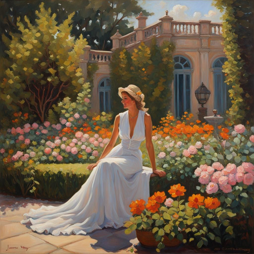 Rich Woman in Flowery Garden Oil Painting