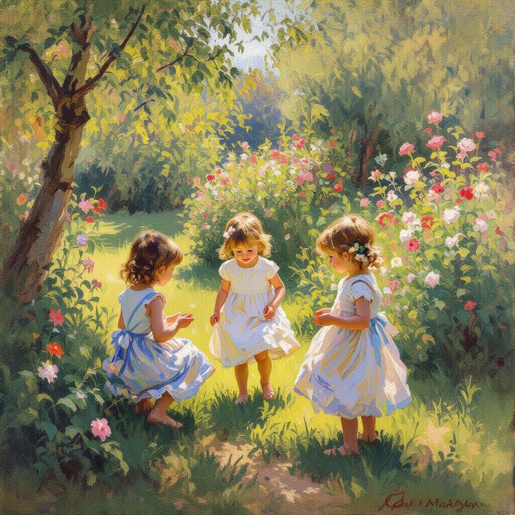 Children's Joy in Sunlit Garden: Impressionistic Style