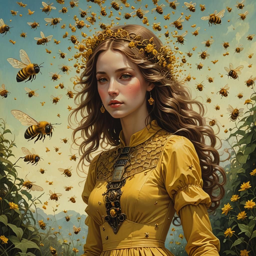 Woman in Yellow Dress Surrounded by Bees