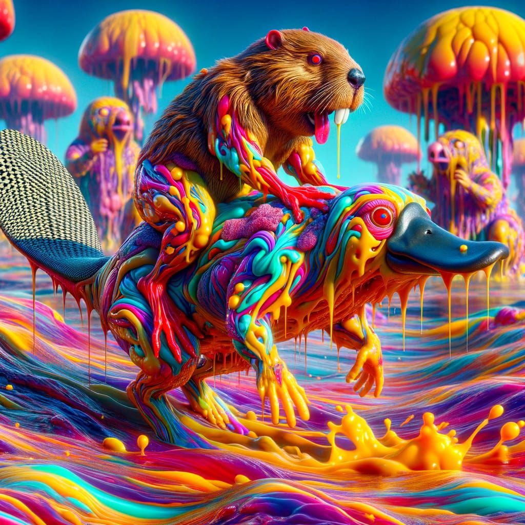 Surreal Beaver and Platypus Encounter in a Melting Landscape