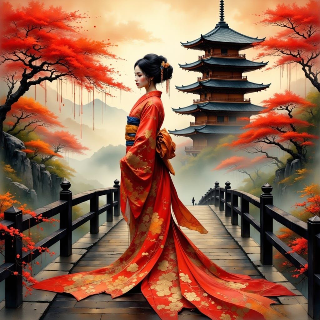Japanese Beauty in Kimono with Cherry Blossoms