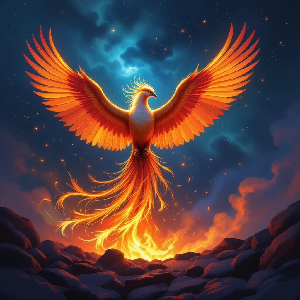 Majestic Phoenix Rises from Ethereal Embers in Nebula