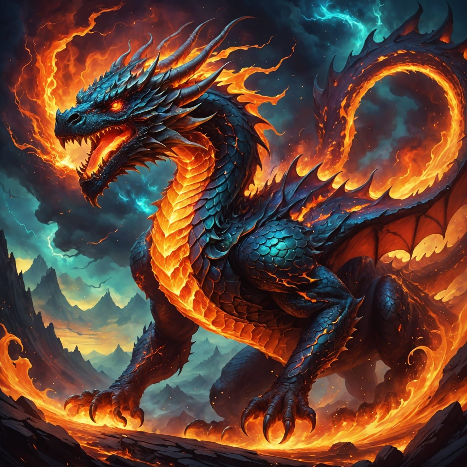 Molten Lava Dragon Soars Through Colorful Nebulae Sky