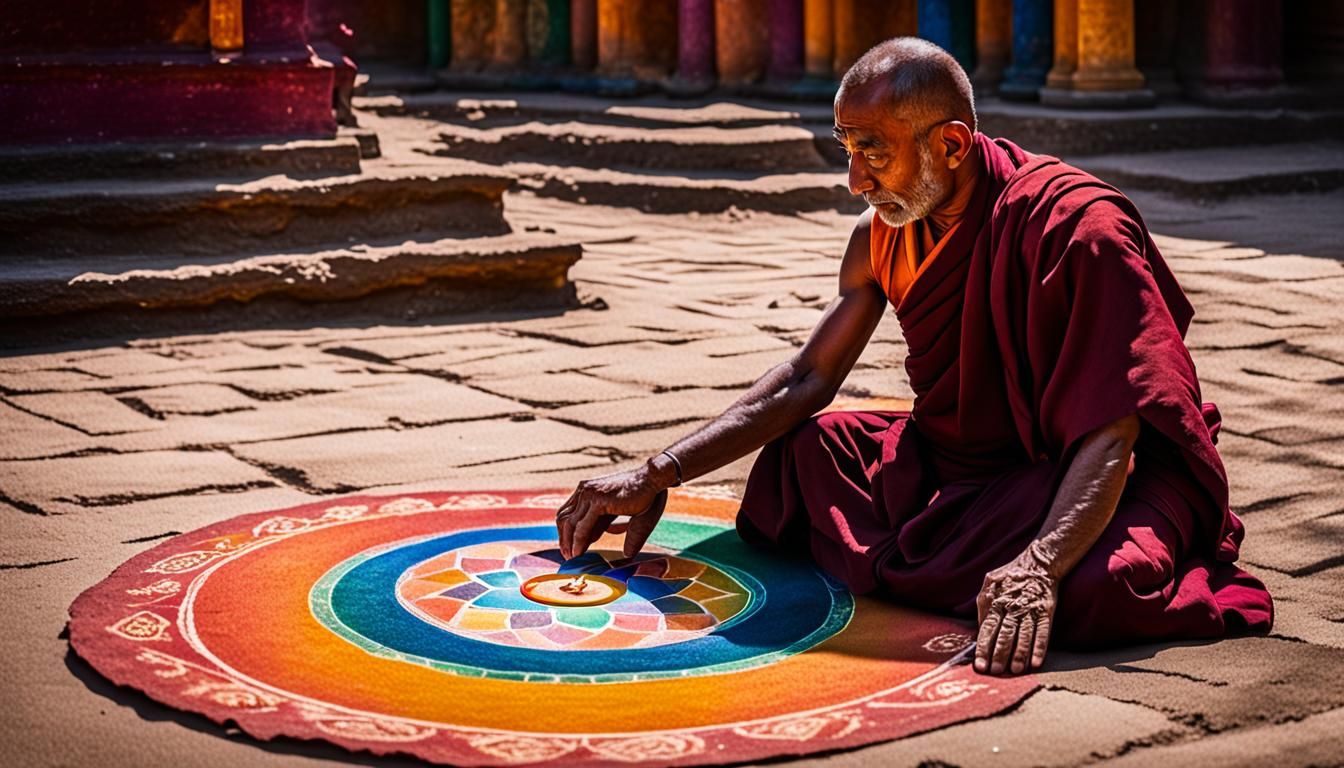 Monk Creates Sand Mandala in Temple Courtyard