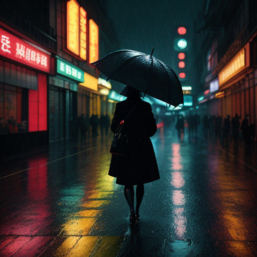 Rainy Street Encounter in Film Noir Style