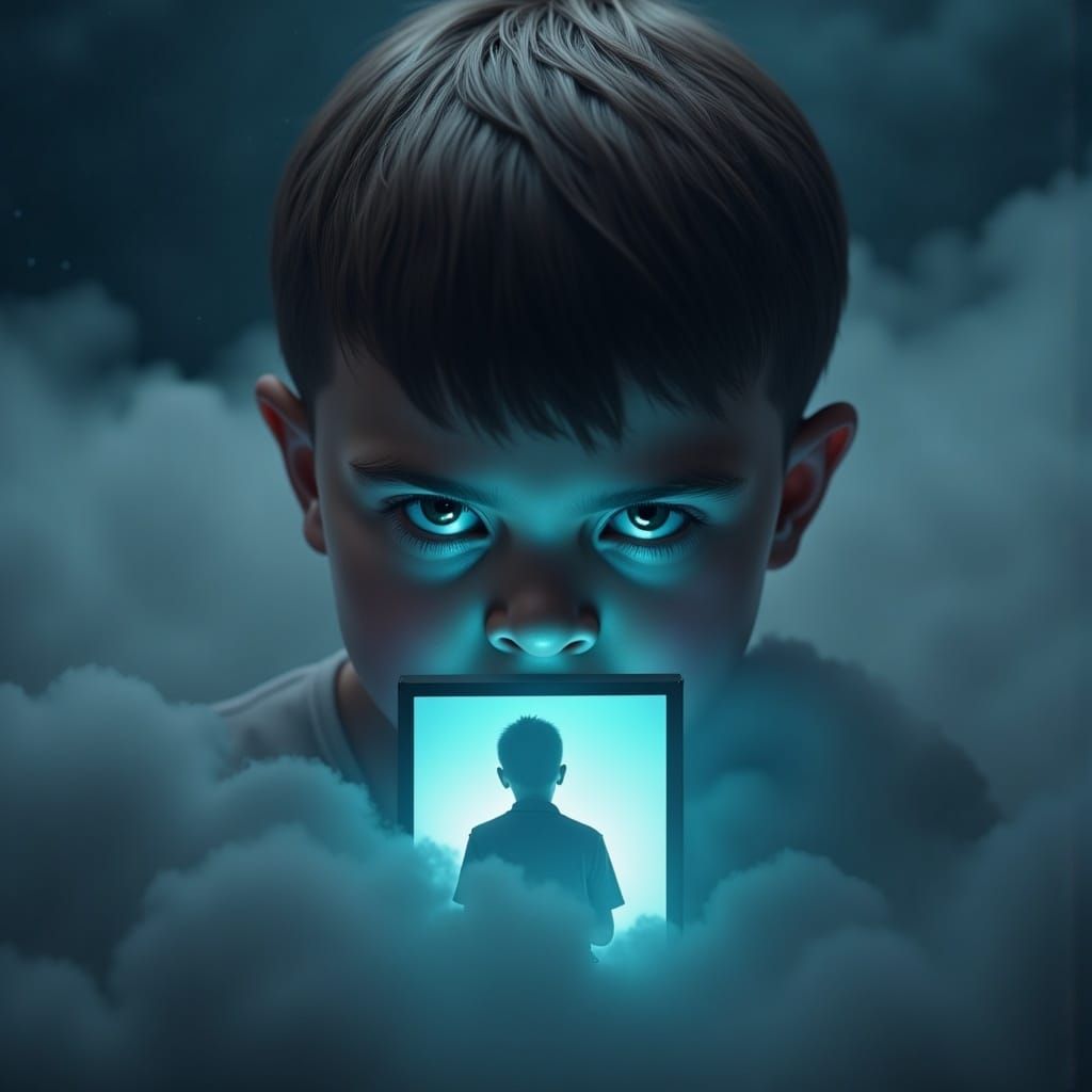 Boy's Face Illuminated by Screen Under Storm Clouds