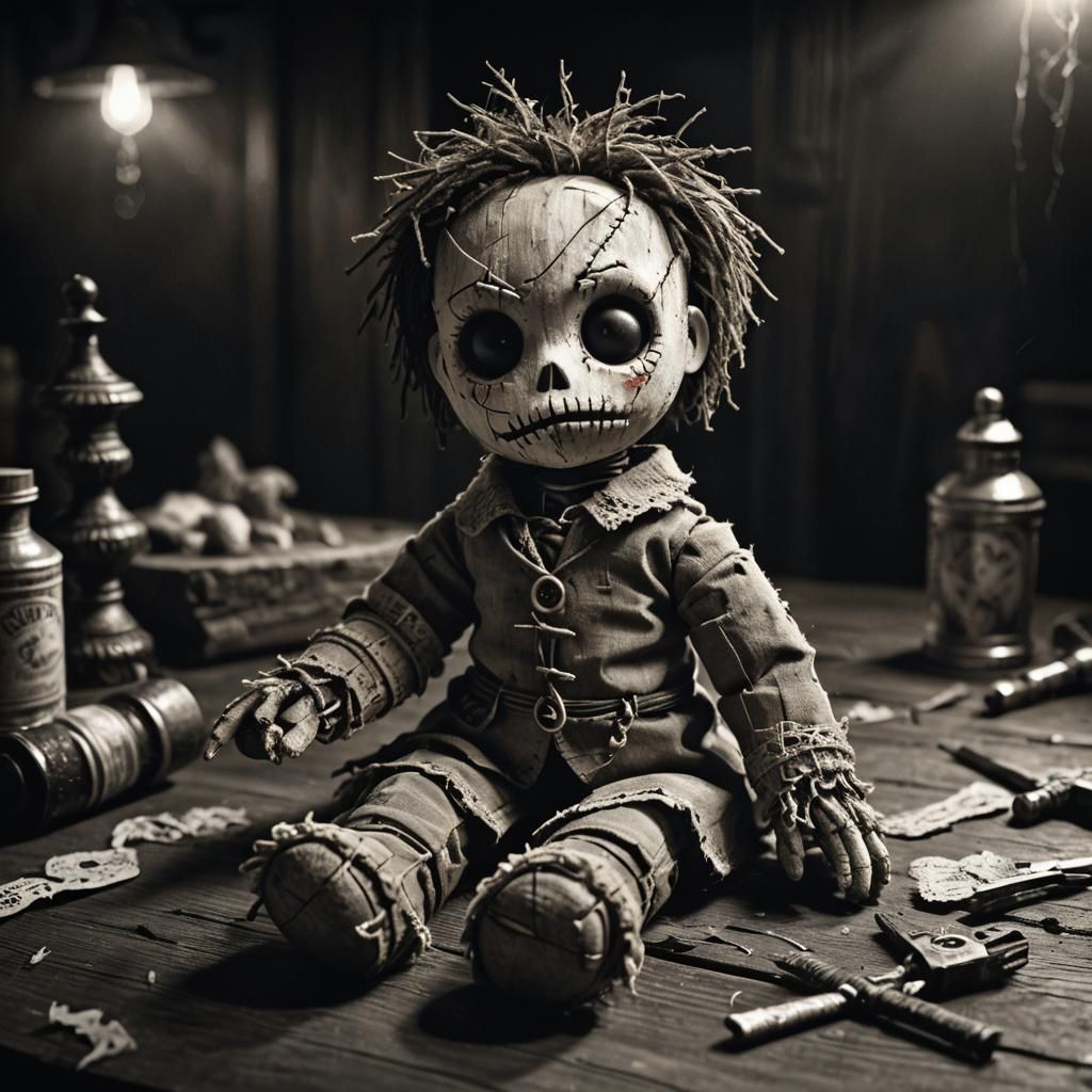 Eerie Voodoo Doll in Film Noir Style
