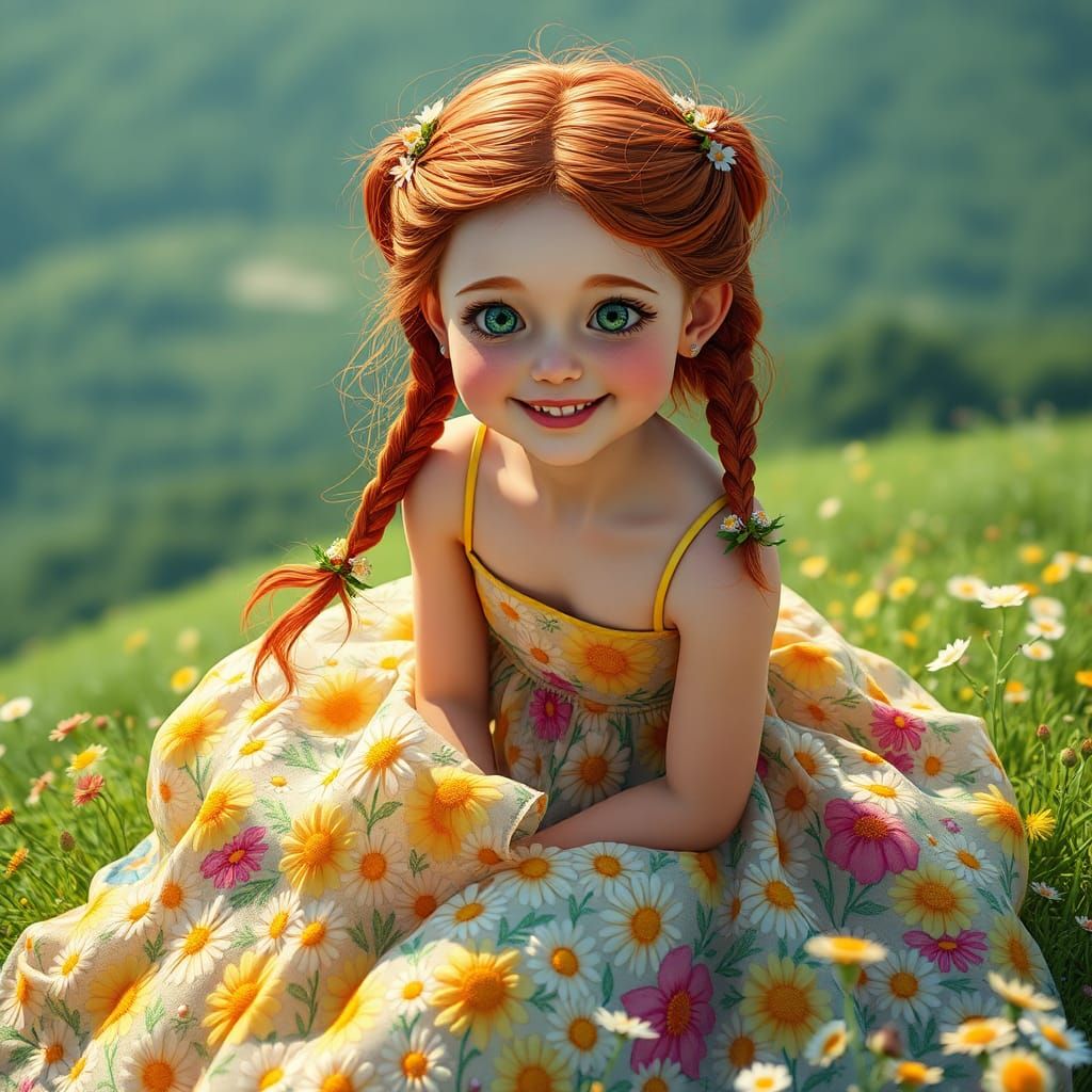 Rosy-Cheeked Girl in Whimsical Braids and Summer Dress, Surr...