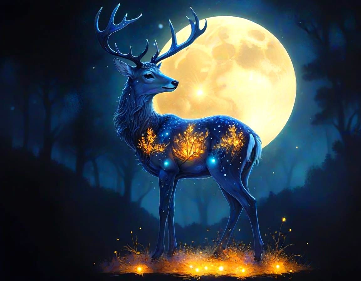 Mystical Deer in Enchanted Forest, Watercolor Art