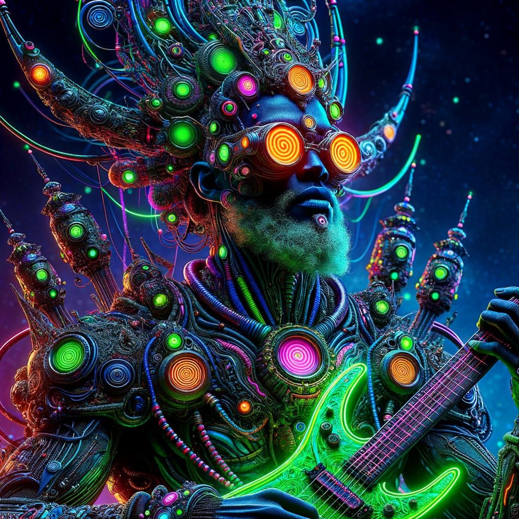 Surreal Cyberpunk God in Neon Rave Scene