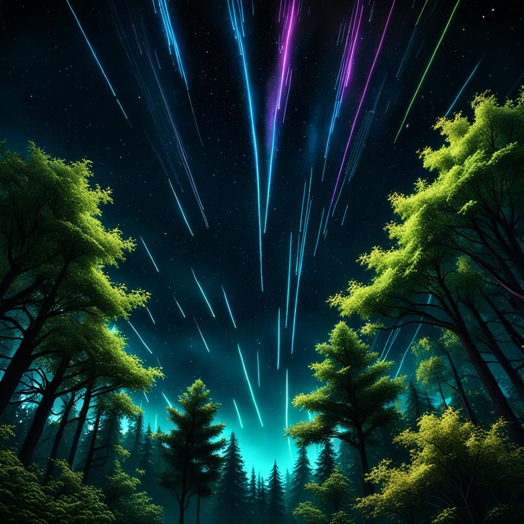 Neon Shooting Stars Over Dark Forest, Detailed Concept Art
