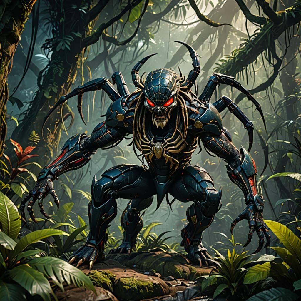 Spider Yautja Predator in Jungle, Detailed Matte Painting