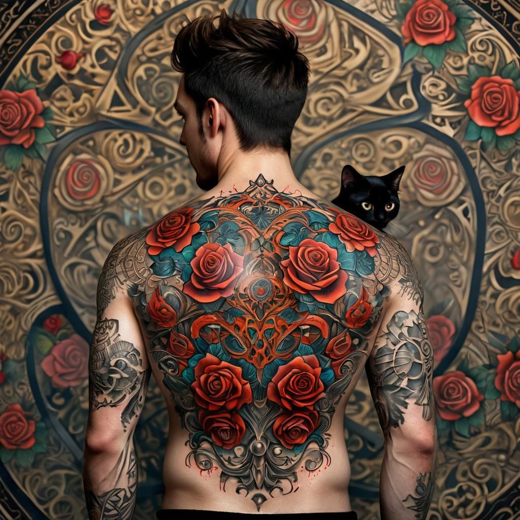 Rose and Kitten Tattoo Art, Fractal Maximalist Style