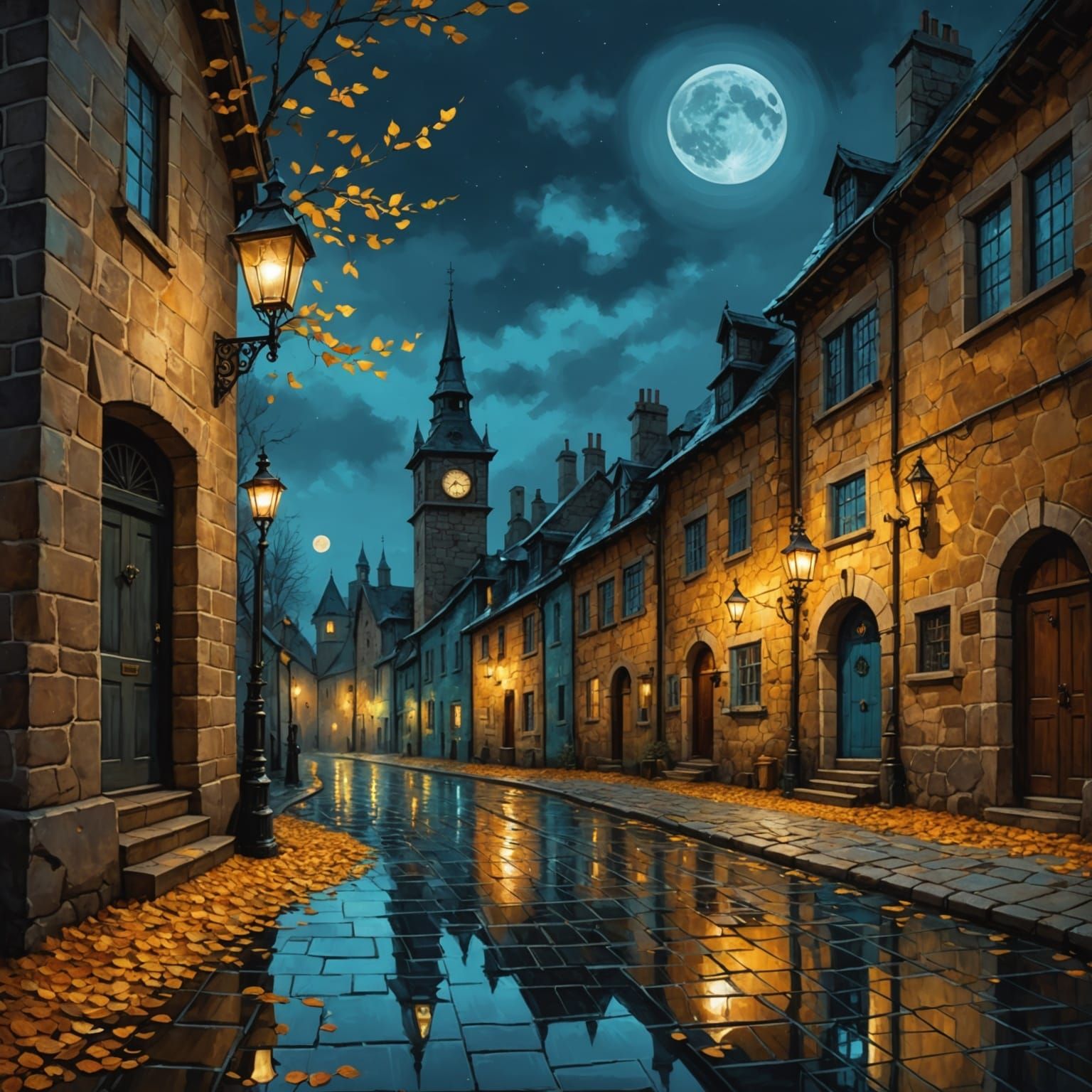 Medieval Night Street with Lanterns and Full Moon