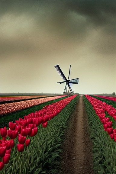 Tulip Field Windmill with Hounds: Digital Illustration