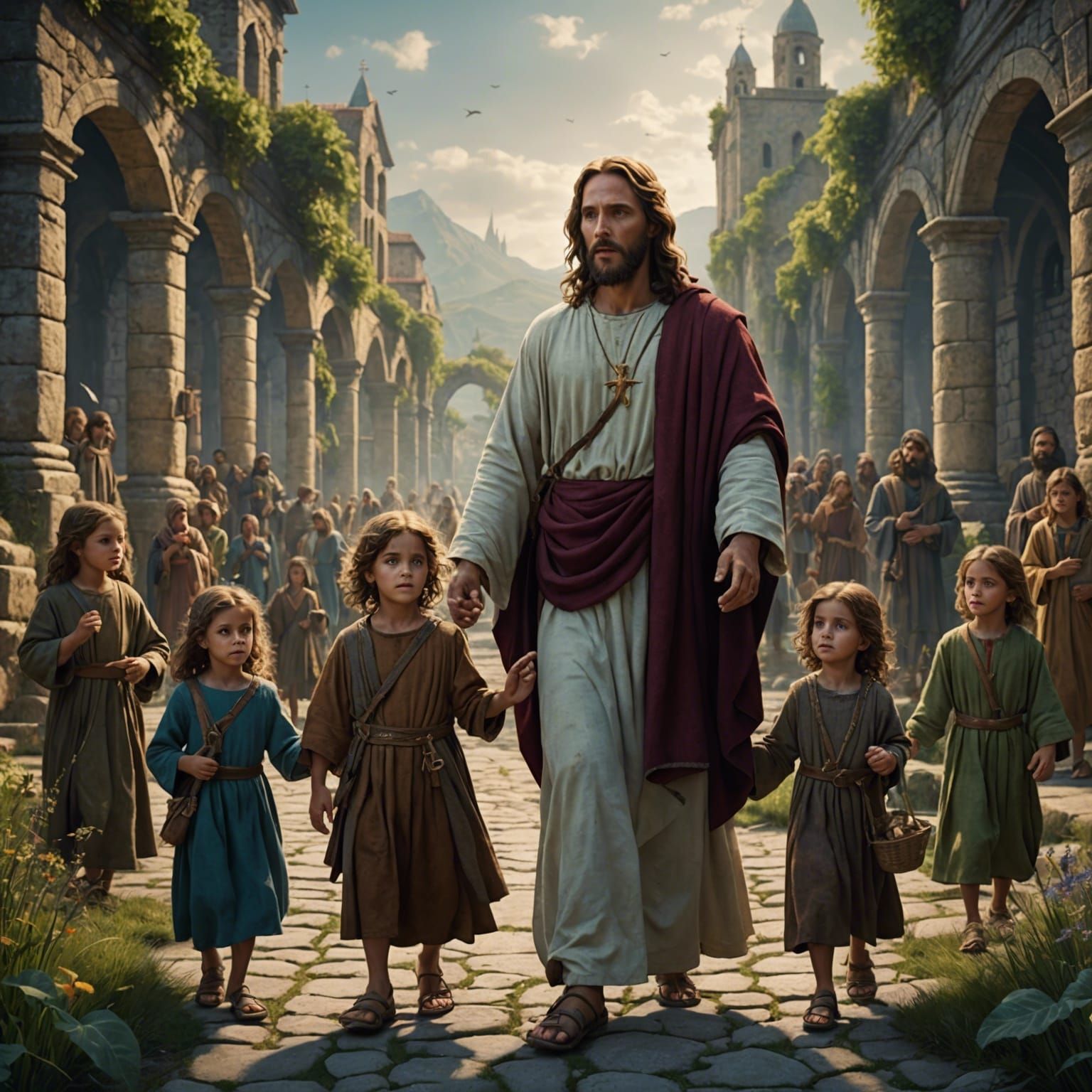 Jesus with Children: Detailed Matte Painting