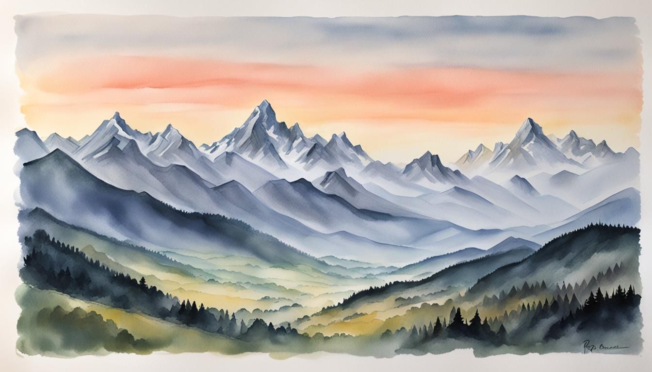 Sunrise Over Misty Alpine Mountains in Gouache Style