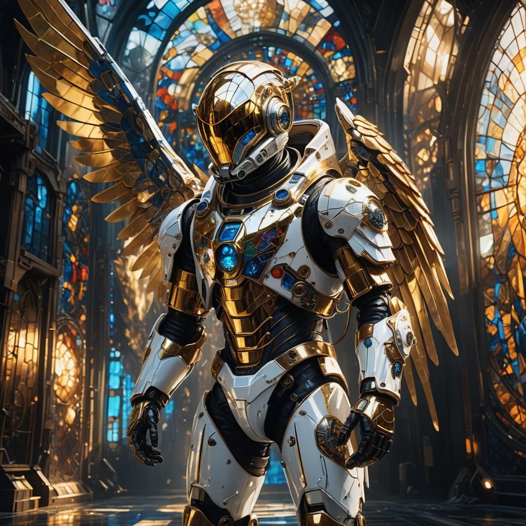 Biomechanical Astronaut with Stained Glass Wings in Sci-Fi A...