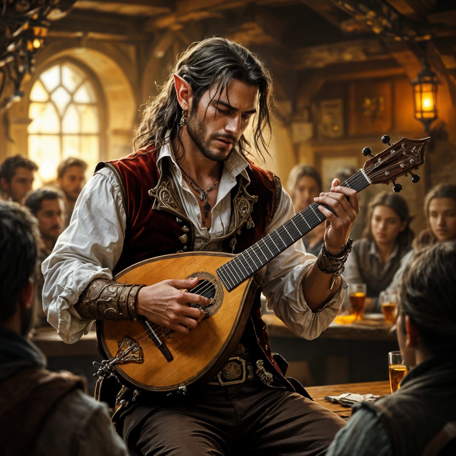 Elven Bard Plays Lute in Tavern