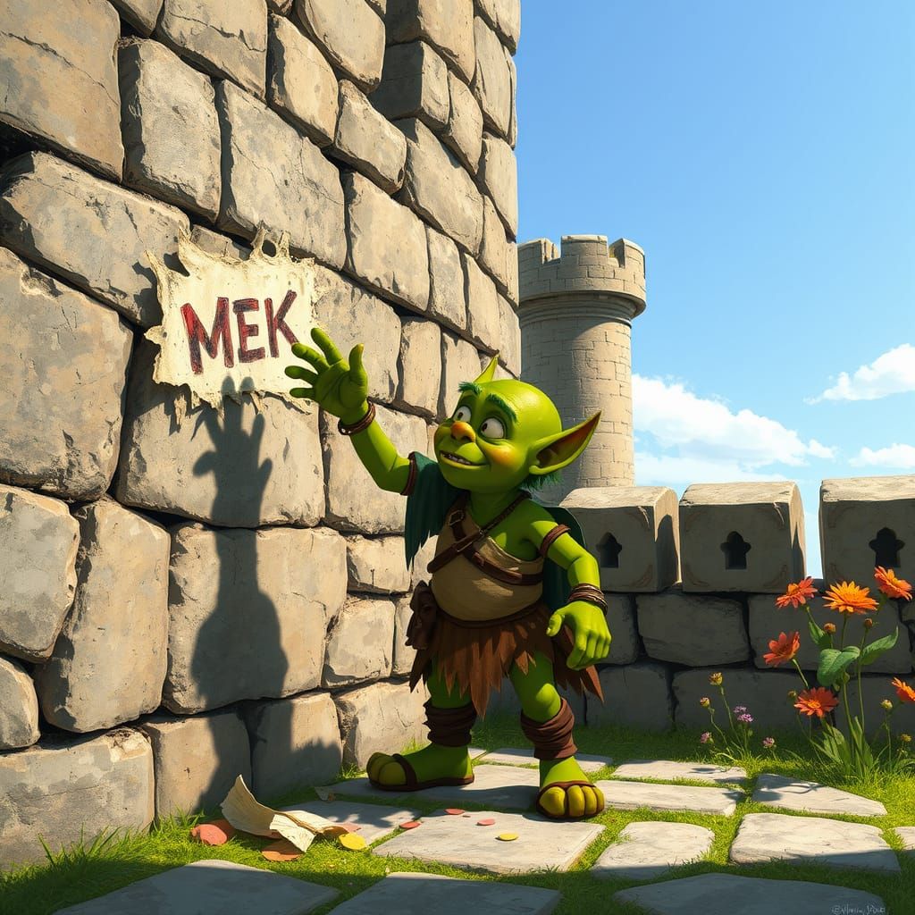 A small green orc throwing some gibberish at a stone castle wall, in order to see what sticks..  
Mess on wall. Mess on ...