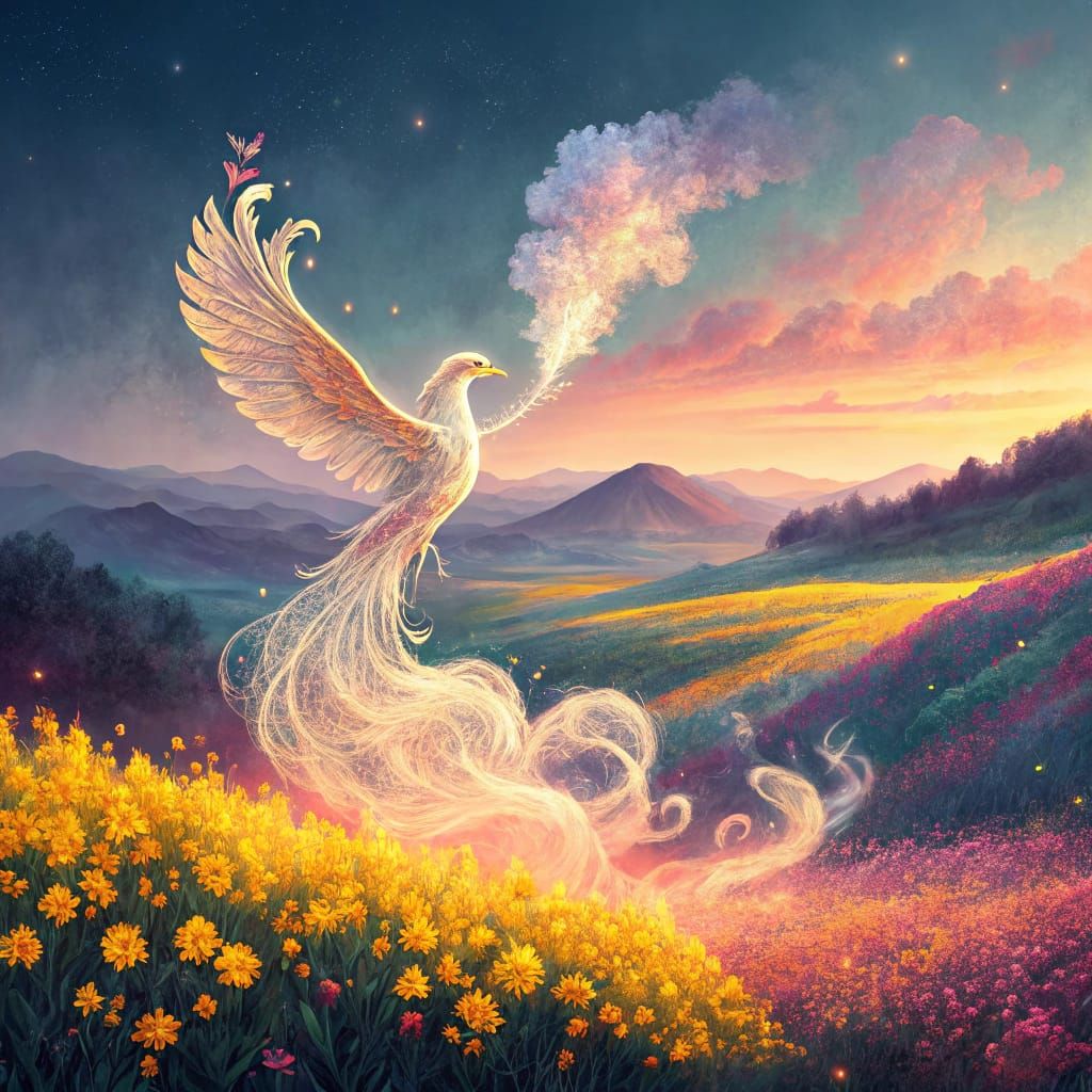 "A mystical scene where a phoenix made of smoke rises gracefully above a dreamlike landscape filled with vibrant, colorf...