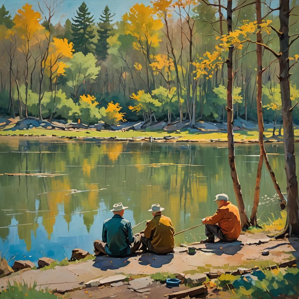 Elderly Man and Boy Fishing: Abstract Expressionism