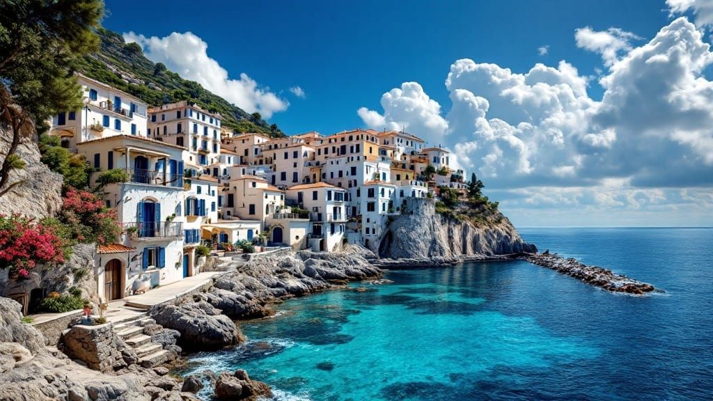 Mediterranean Village Perched on Rugged Coastline in Hyperre...