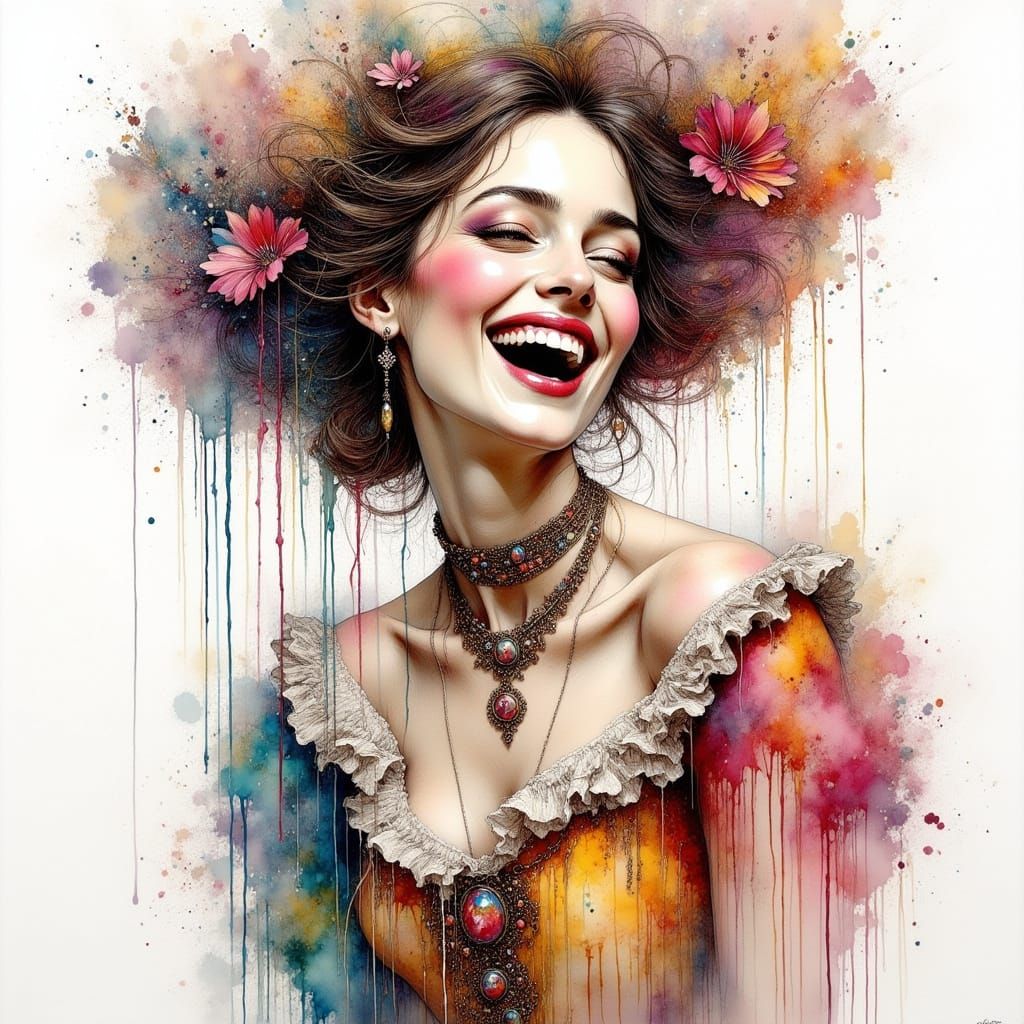 Joyful Woman in Ornate Costume Oil Painting