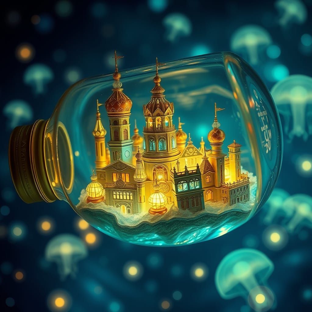 Golden City in a Bottle, Surreal Glowing Ocean