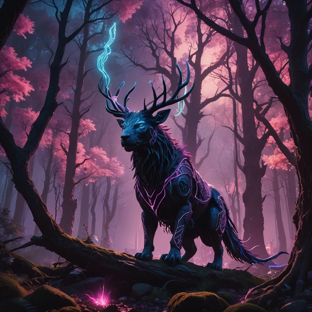 Mystical Creature in Neon Forest: Digital Matte Painting