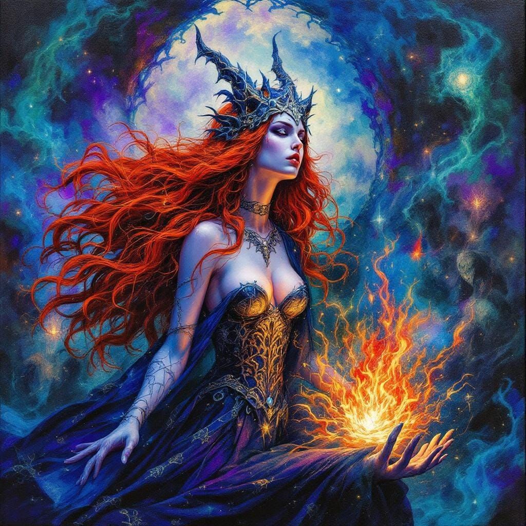 Celtic Redhead Goddess Worshiped by Coven in Acrylic Style