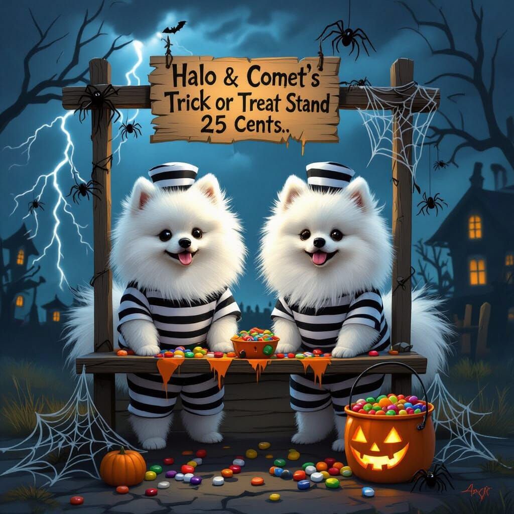 Pomeranians As Prisoners Run Trick or Treat Stand in Storm