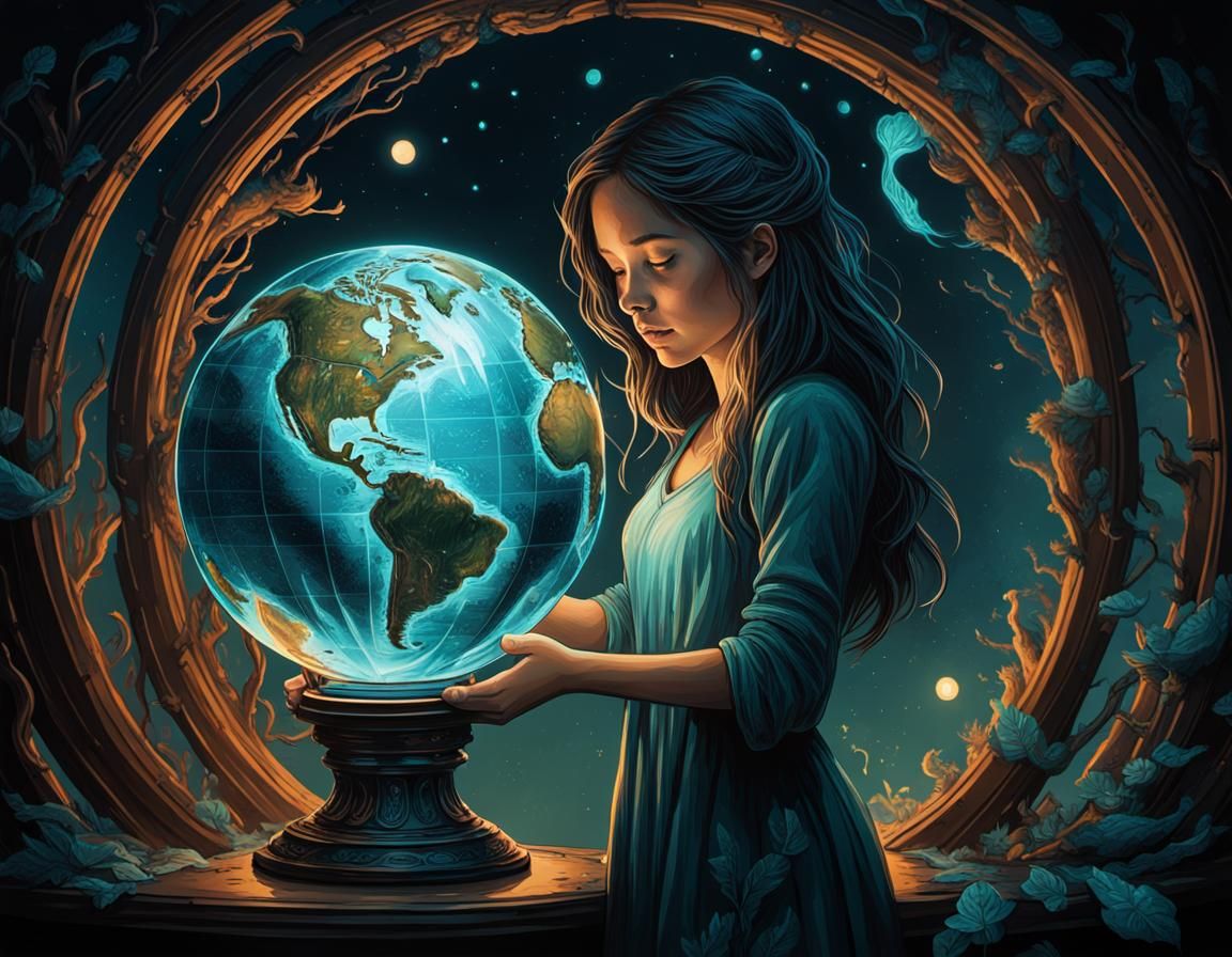 A young girl hugs a glass globe of the Earth, inside the glo...