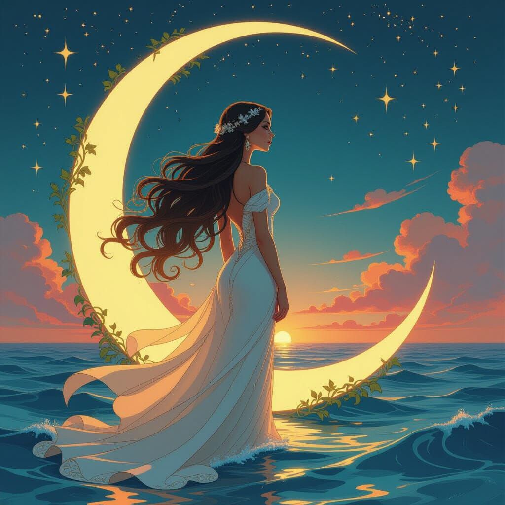 Art Nouveau Celestial Woman on Moon Over Cosmic Ocean