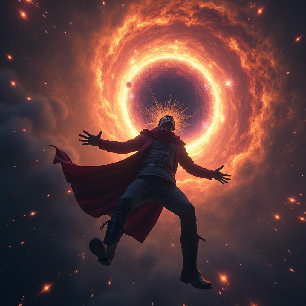 a thief falling from the supernova colorful skies into a clu...