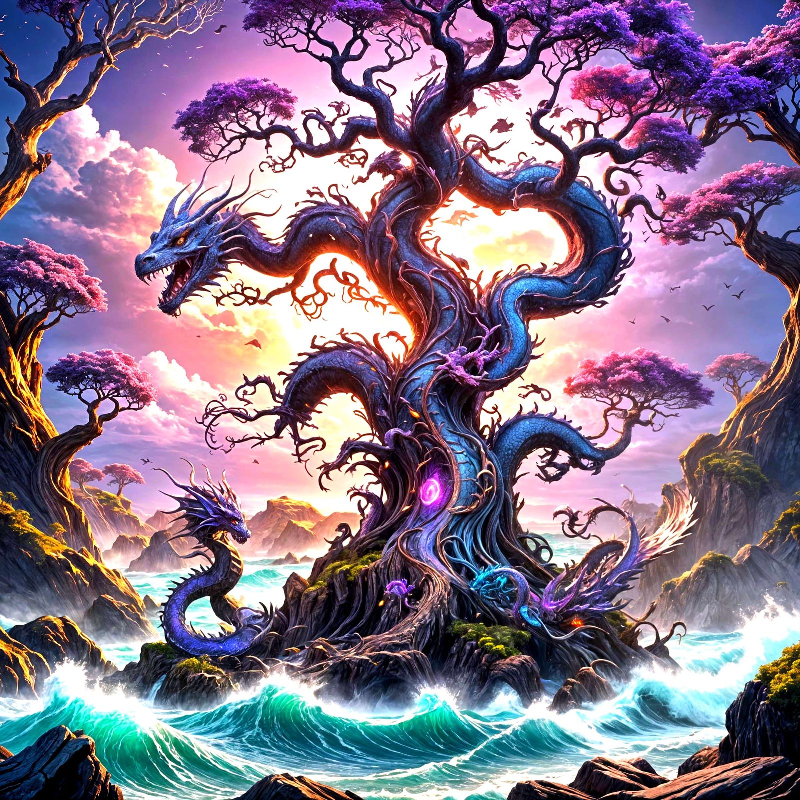 Tree of Life with Dragons and Ocean Waves