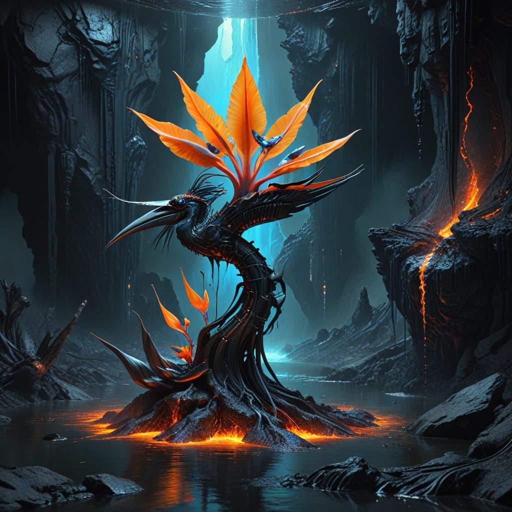 A biomechanical bird of paradise flower blooming from the cracked surface of a floating obsidian island, with streams of...