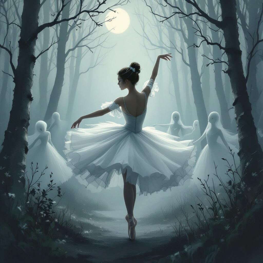 Ethereal Ghost Ballerina Dancing in Misty Forest