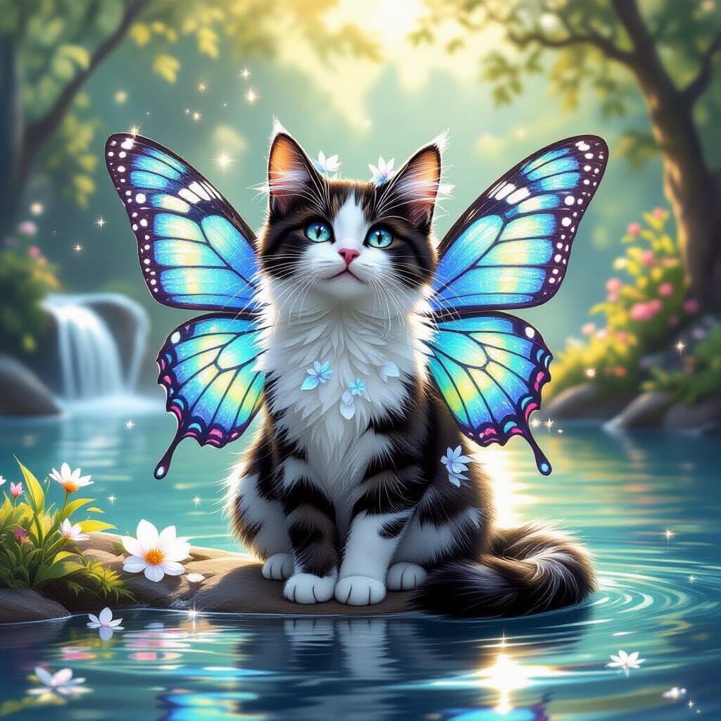 Tabby Fairy Cat with Butterfly Wings by Lake