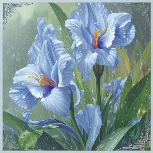 Tusche Painting of Iris Flowers in Falling Rain