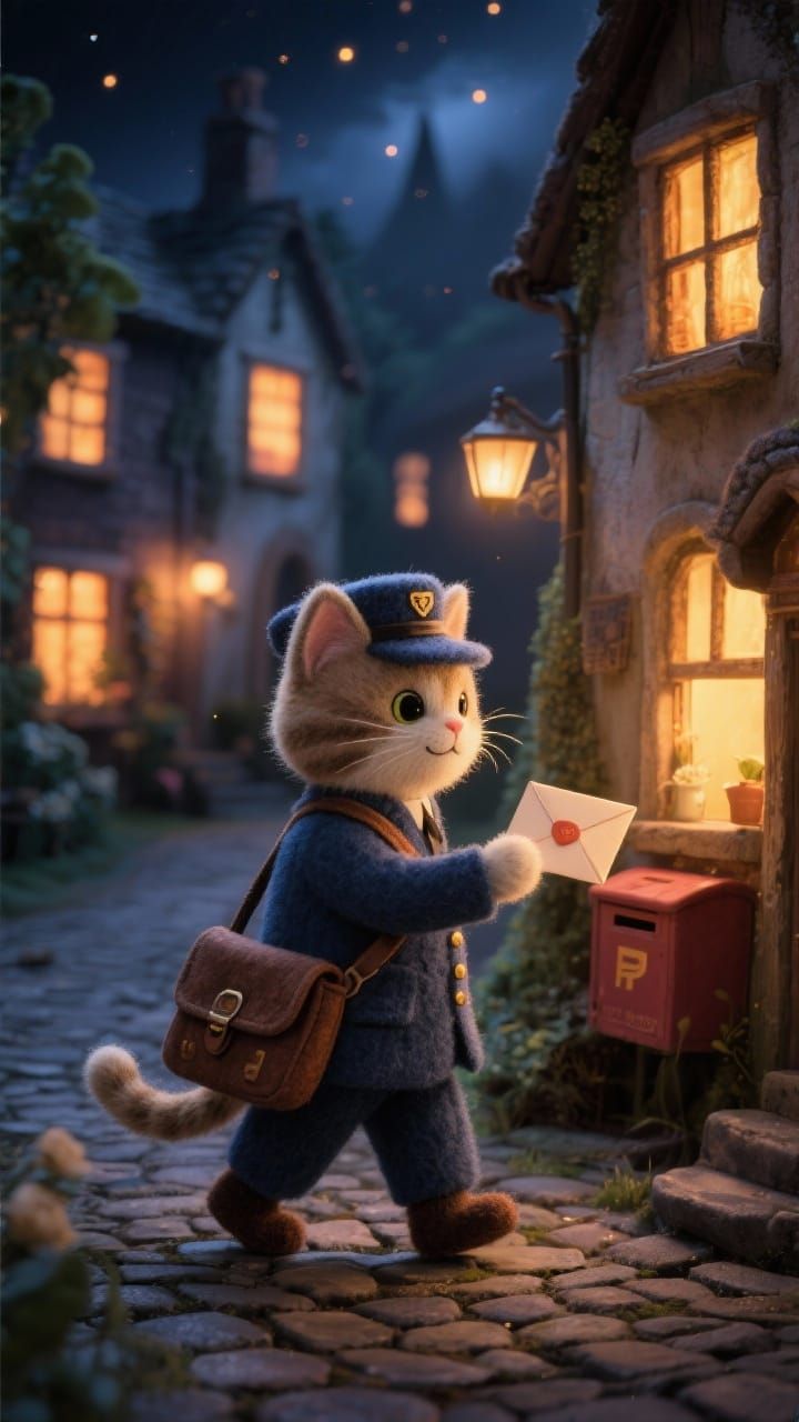 Felt Cat Postman Delivers Mail in Whimsical Village
