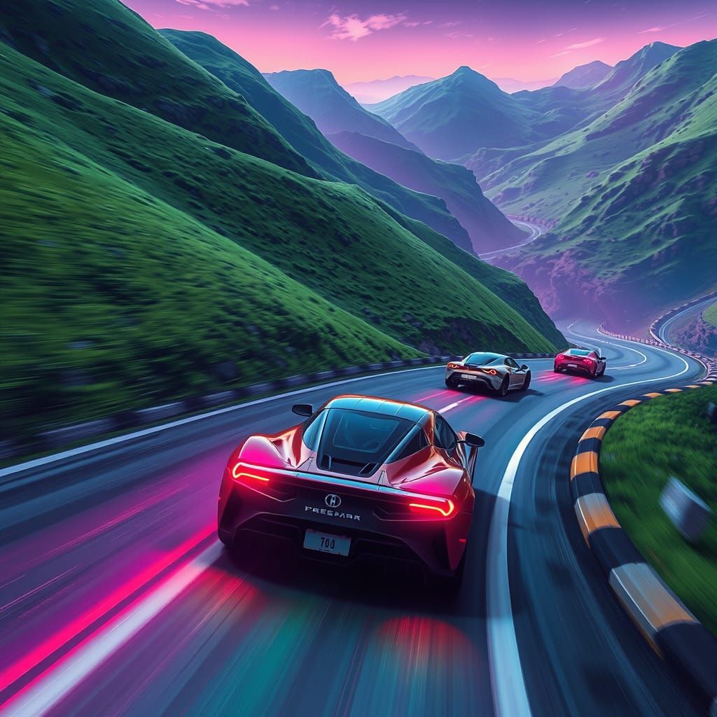 Futuristic Sport Cars Speed Down a Winding Road in a Neon-Li...
