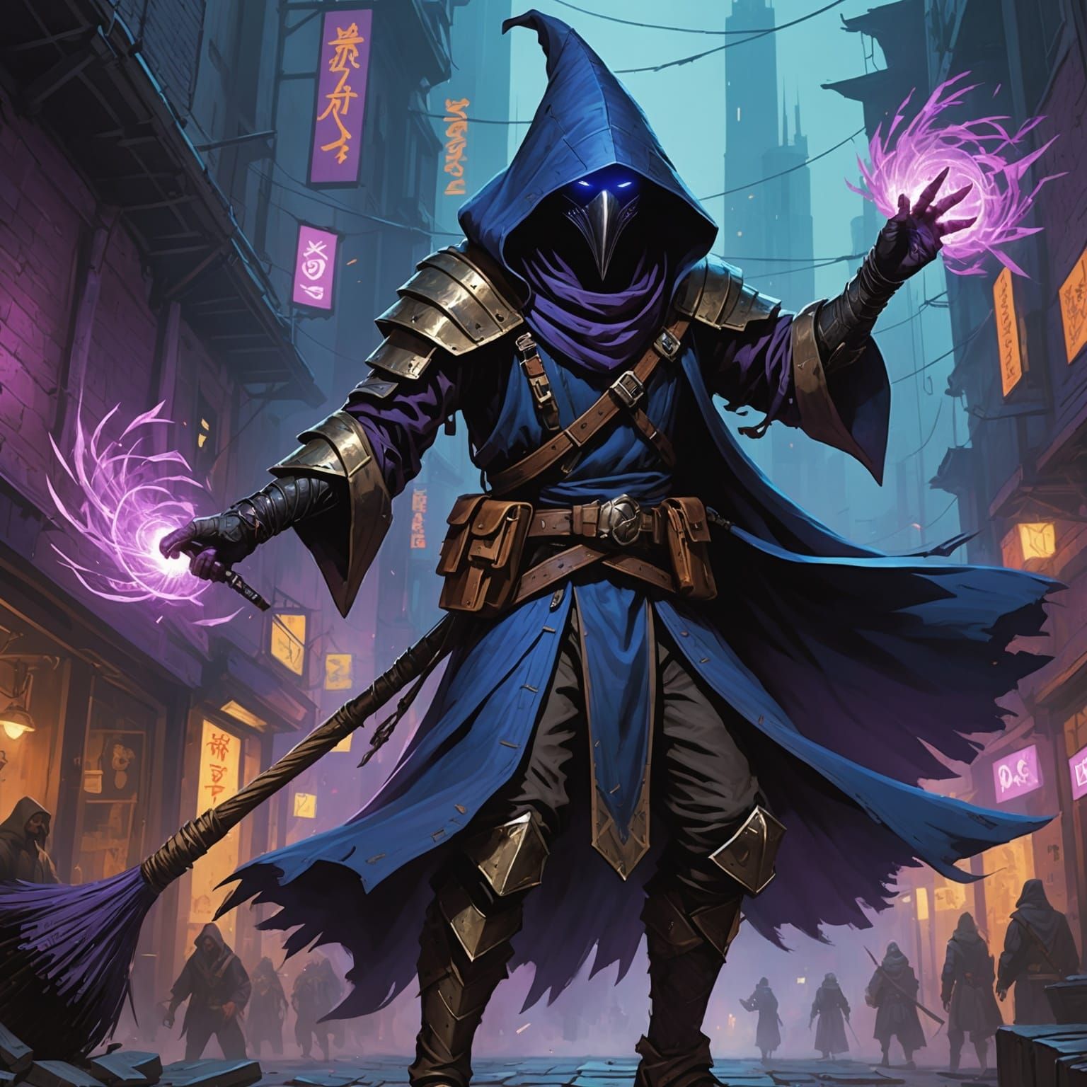 Kenku Artificer on Flying Broom in Cyberpunk Style