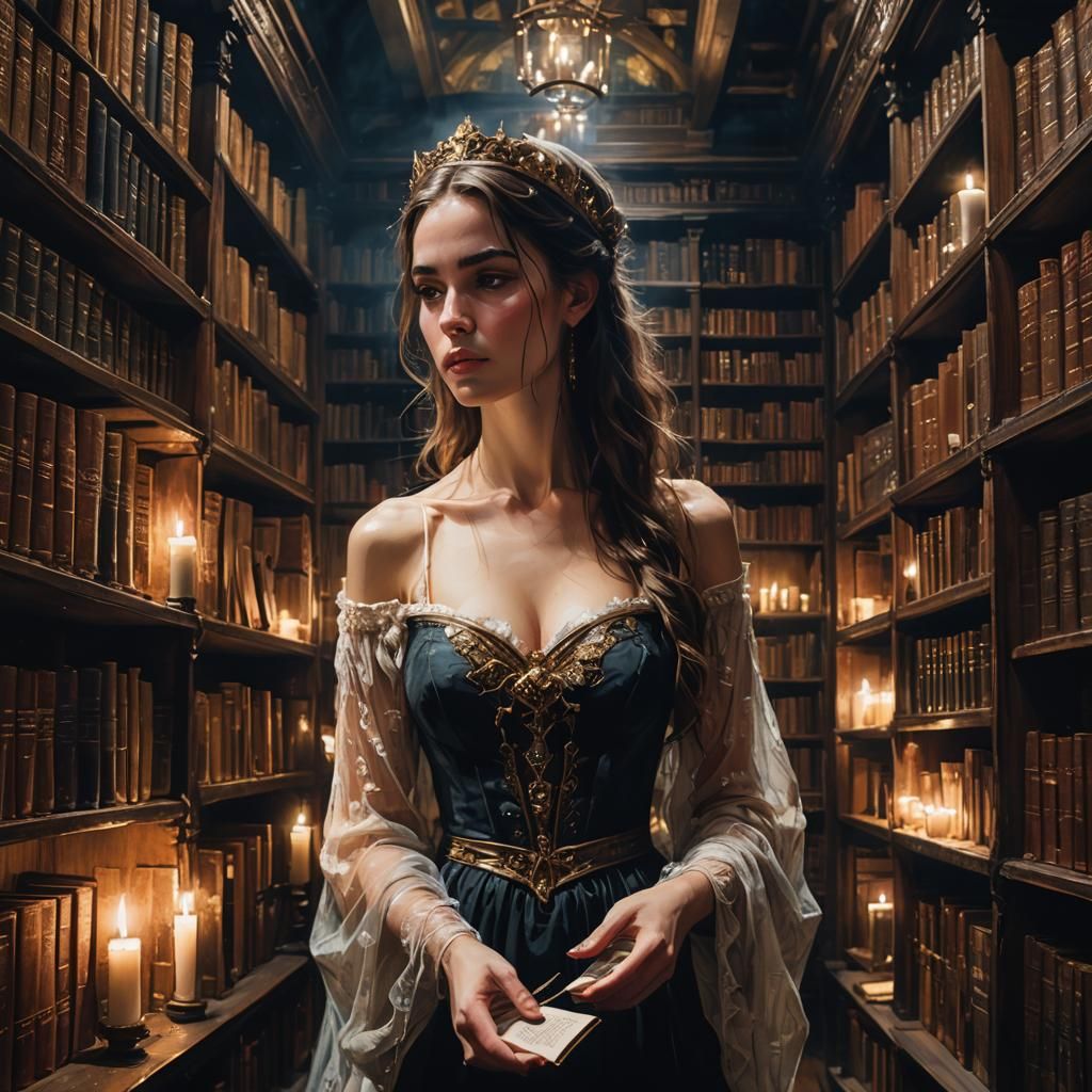 Princess Browsing Ancient Library at Night