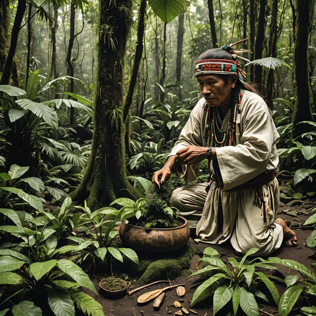 Shaman Practicing Plant Medicine in Rainforest