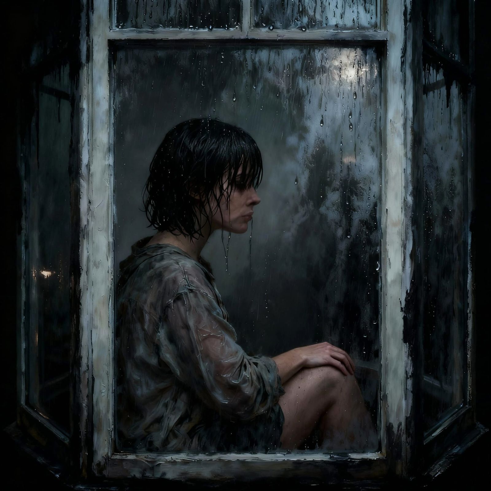 Melancholic Woman in Rainy Window Reflection