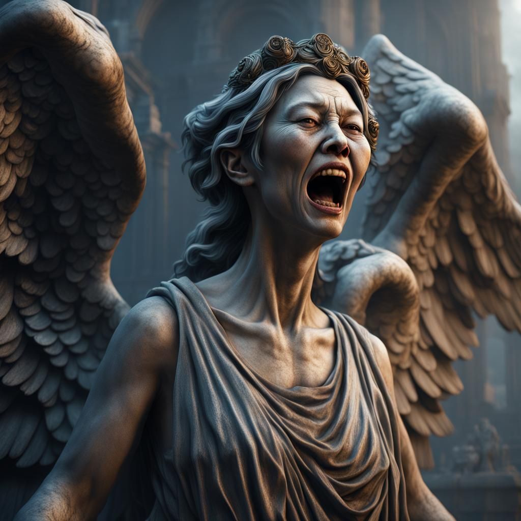 Asian Female Weeping Angel: Detailed Matte Painting
