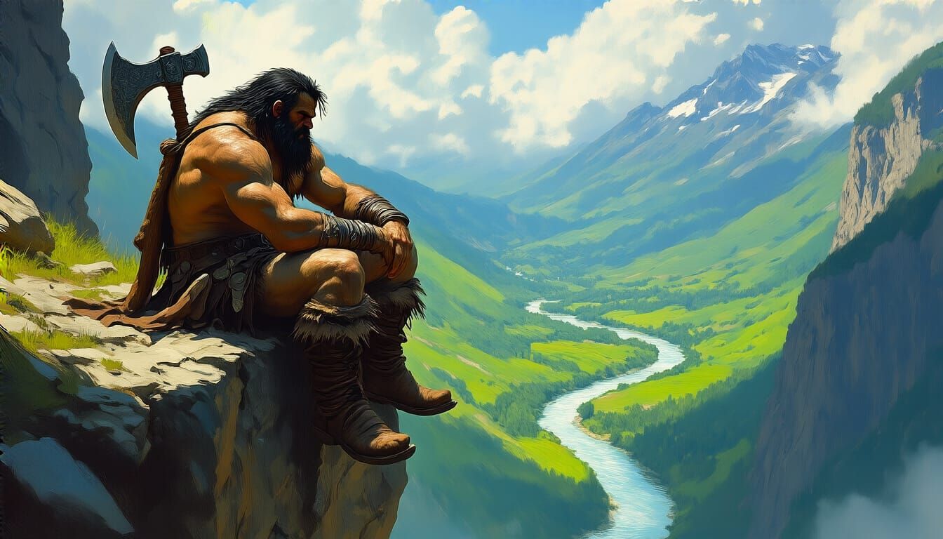 Barbarian Contemplation in Dramatic Fantasy Landscape